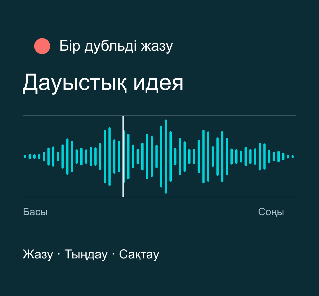 Микрофоннан дауыс жазу сызбасы: дыбыс толқыны, фразаның басы мен соңы көрсетілген бір дубль.